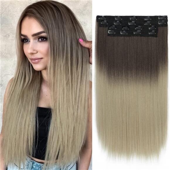 4PCS Clip in Long Soft Hair Extensions Synthetic Ash Brown to Platinum Blonde